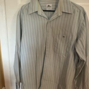 Lacoste Men's Pale Blue and White Striped Button-Down Shirt